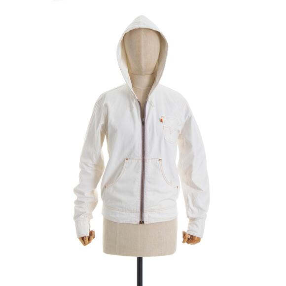 Vintage 1970s Jacket 70s LEVIS Orange Tab White Cotton Denim Hooded Zip Up Boho - Picture 2 of 10